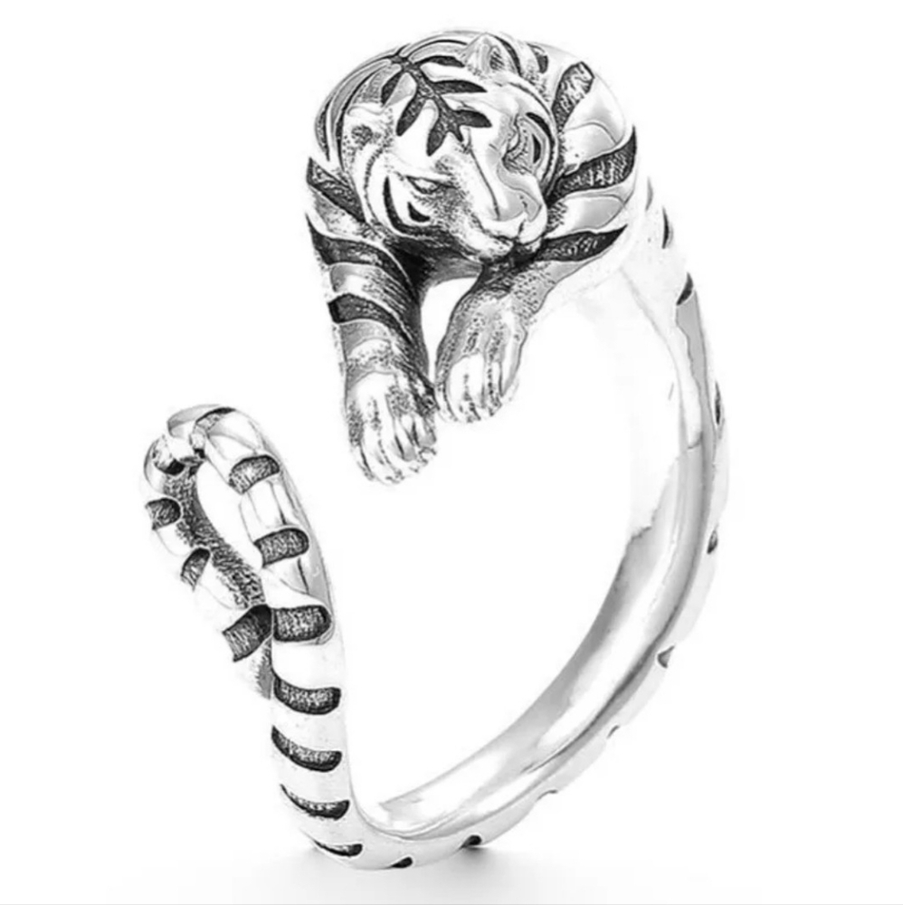 White Tiger Adjustable Sterling Silver Retro Ring